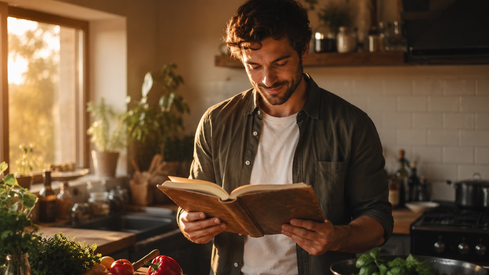 Person reading a cookbook kitchen analogy